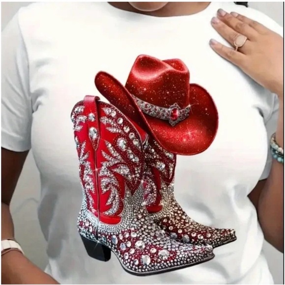 Moda Clothing Tops - Country Cowboy Boots & Hat Graphic T-Shirt